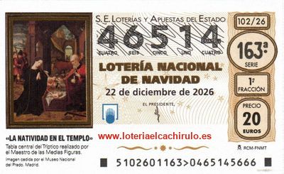 Anverso del d&eacute;cimo 46514 de la Loter&iacute;a de Navidad 2026, de Catarroja (Valencia)